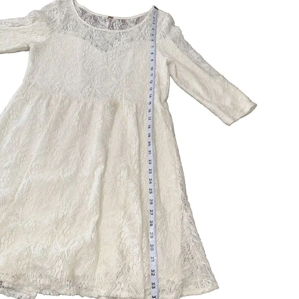 Free People Cream Lace Mini Dress 3/4 Sleeve Fit & Flare Boho Wedding Guest M